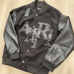 Ami Black Leather Sleeve Bomber Jacket